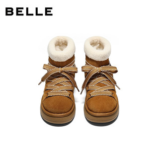 百丽（Belle）复古时尚鞋面绑带雪地靴女2025冬新舒适保暖休闲短靴B2949DD5 浅棕色 40