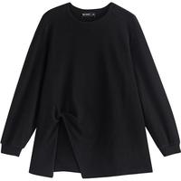 初语T恤女2025冬季宽松纯色设计感扭结高开叉舒绒保暖上衣 黑色 L