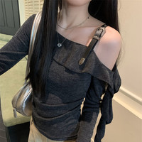FSHE针织衫女小众不规则长袖斜肩春秋季2025气质修身针织开衫女 深灰色【版】 XL 【120-125斤】