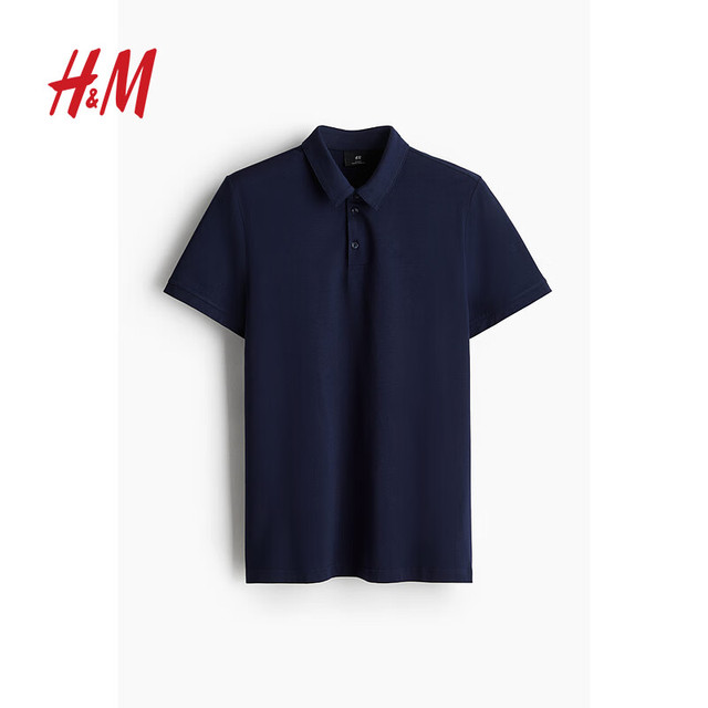 H&M 男装Polo衫秋冬薄款正肩商务通勤风翻领时尚打底内搭上衣