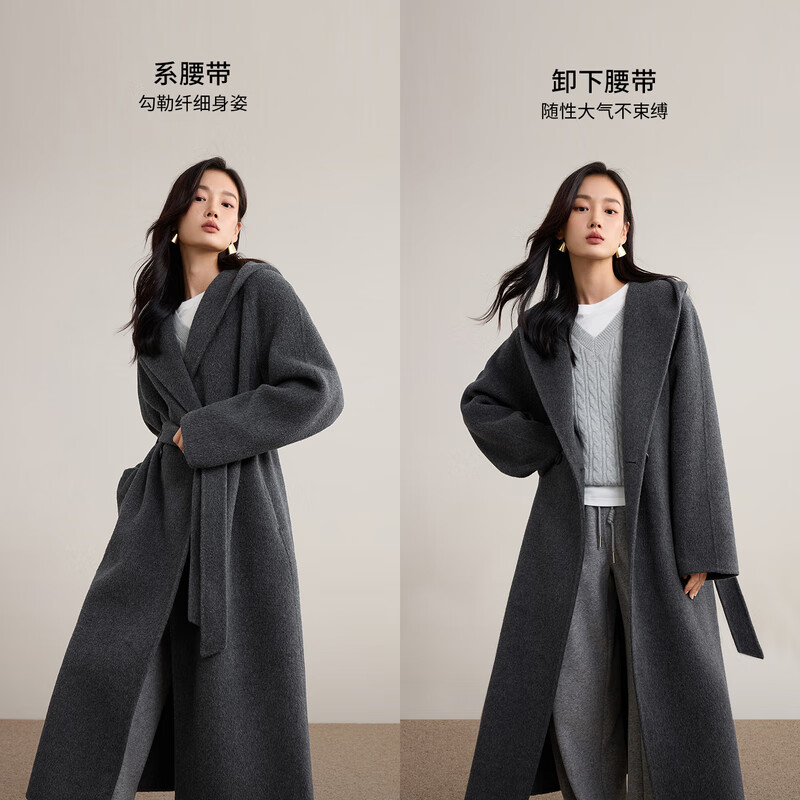 尚都比拉纯羊毛英伦风毛呢大衣女冬季保暖连帽厚双面呢外套宽松落肩大衣 石墨灰 XL