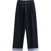 TOYOUTH/初语 拼接格纹 女士休闲裤  深蓝 28
