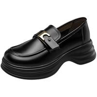 意尔康乐福鞋女2024秋季黑色英伦风复古女士小皮鞋厚底单鞋女