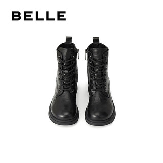 百丽（Belle）羊皮复古气质马丁靴女2025冬粗跟增高短靴3NW45DD5 黑色 33