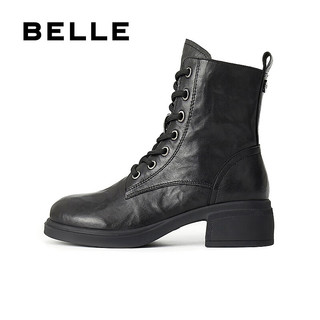 百丽（Belle）羊皮复古气质马丁靴女2025冬粗跟增高短靴3NW45DD5 黑色 33