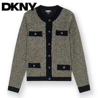 DKNY 【毛绒内里】经典亮丝竖条纹黑金系列织撞色女士针织衫外套秋冬