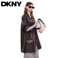 DKNY 经典百搭小翻领哑光皮革宽松大口袋皮衣时尚外套25秋冬女式外套