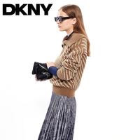 DKNY 【复古斜纹】大翻领拉链撞色宽松落肩女式针织衫2025秋季