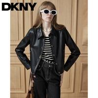 DKNY 经典小翻领精致细腻PU皮短款女士皮衣时尚显瘦高级感外套女秋冬