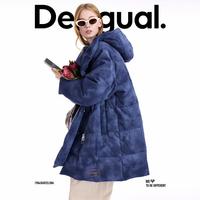 DESIGUAL 25秋冬90白鸭绒斑驳做旧印花灯芯绒连帽女士羽绒服
