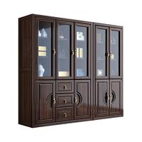 世府 新中式乌金木实木家用书柜组合落地简约书橱带书架玻璃门储物柜 1.2米三门书柜