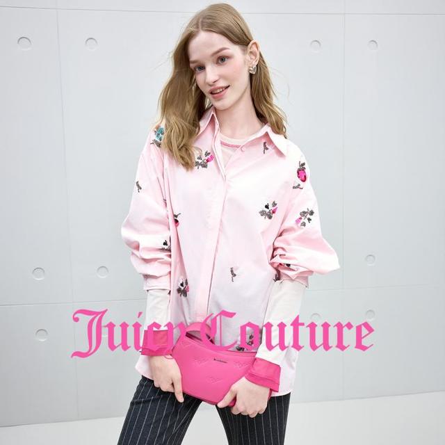 Juicy Couture 橘滋 衬衫女2025年秋冬新款粉色刺绣气质长袖上衣花语绽放