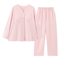 ROVO月子服秋冬季加厚哺乳睡衣带胸垫怀孕期产后喂奶家居服套装 【加厚280g】桃夭素粉(轻暖德绒-可拆卸胸垫) M