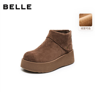 百丽（Belle）复古绒面勃肯鞋女2025冬厚底加绒休闲短靴E6F1DDD5 啡色-厚绒 36