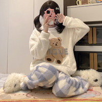 都市丽人 COSMO LADY半边绒女士睡衣女秋冬季2025加绒加厚家居服套装女睡衣可外穿 格子小熊 XL (120-140斤)