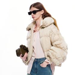 DKNY 唐可娜儿 时尚宽松缎面面包服抽褶翻领保暖女式羽绒服女款冬