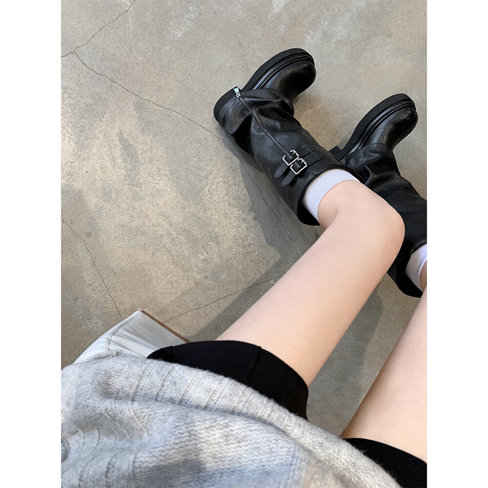 苏茵茵拉链裤管靴皮带扣拉链厚底增高骑士靴女裤管长靴 黑色 短靴 37