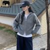 品牌灰色连帽拉链开衫毛衣外套2025秋冬宽松慵懒显瘦针织上衣