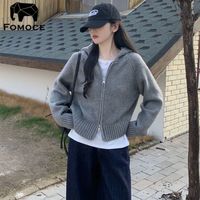 品牌灰色连帽拉链开衫毛衣外套2025秋冬宽松慵懒显瘦针织上衣