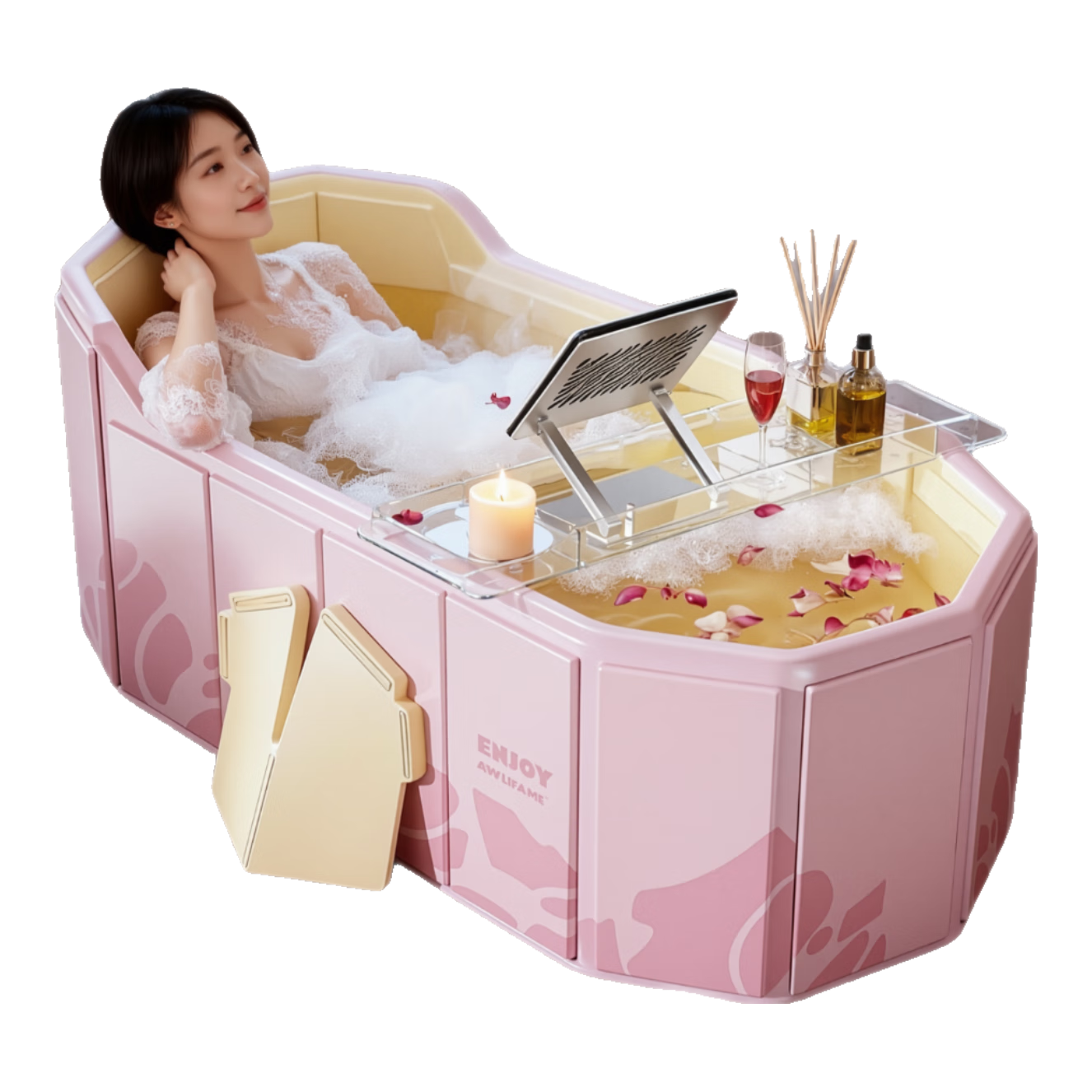 格威奈浴缸家用泡澡桶大人折叠浴桶洗澡桶婴儿游泳桶超大保温折叠桶保温 1.2米【秘密花园】基础套餐