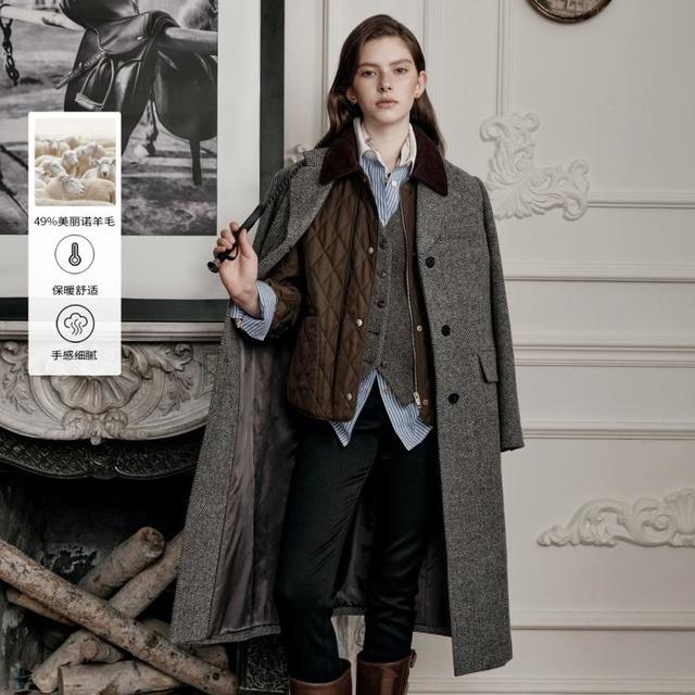 E·LAND 衣恋 毛呢外套女经典人字纹保暖长款大衣秋冬款