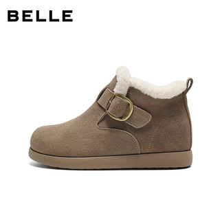 百丽（Belle）复古高帮勃肯鞋女2025冬内增高保暖休闲鞋E5A1DDD5 卡其色 38