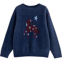 初语撞色分割仿羊绒毛衣女2025冬季圆领星马图腾宽松落肩上衣 藏青 M