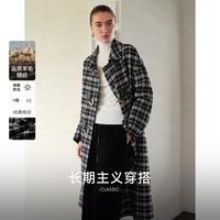 三彩 【leisure丽雪系列】冬气质格纹羊毛牛角扣双面呢大衣女