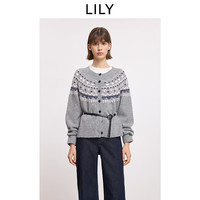 LILY2025冬学院风格雷系费尔岛提花含羊毛圆领针织开衫外套女 501灰色 S
