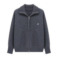 百家好 翻领双头拉链毛衣冬加厚时尚小狗刺绣开衫外套 灰色 L