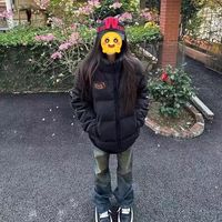 冬季保暖印花棉服外套韩版休闲宽松美式复古黑色宽松棉衣