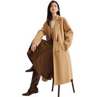 茵曼100%绵羊毛双面呢外套2024冬季女装双排扣翻驳领长款大衣 驼色 M