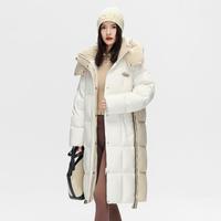 雪中飞 女士撞色拼接连帽羽绒服2025经典过膝长款冬季防风御寒外套女
