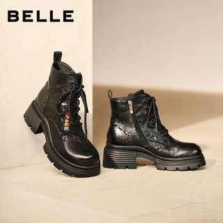 百丽（Belle）牛皮厚底增高马丁靴女2025冬串珠时尚短靴F2T1DDD5 黑色-绒里 36