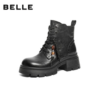 百丽（Belle）牛皮厚底增高马丁靴女2025冬串珠时尚短靴F2T1DDD5 黑色-绒里 36