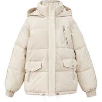 尚都比拉连帽防风棉服女冬季加厚保暖棉衣短款面包服棉袄外套 米白色 L 