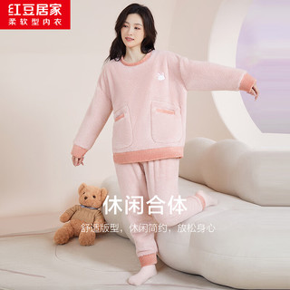 红豆居家（Hodohome）秋冬女式套头法兰绒睡衣女士甜美可外穿家居服套装 元气粉 L 170/92A