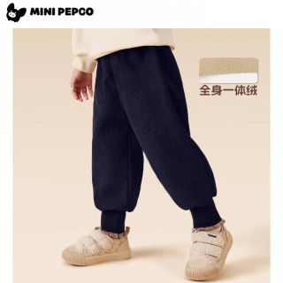 PEPCO儿童灯芯绒长裤男童加绒裤子秋冬2025男孩冬季一体绒裤 藏青纯色 100