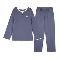 芬腾可安睡衣男100%纯棉2025秋季假两件休闲宽松长袖睡衣家居服套装 深灰兰 2XL