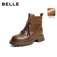 百丽（Belle）复古牛皮抓皱面马丁靴女2025冬短靴E4W1DDD5 棕色-绒里 41