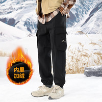 布衣传说工装加绒裤子男松紧腰抽绳分割拼接保暖束脚休闲裤男裤 黑色 L