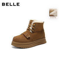 百丽(Belle)复古牛皮魔术贴雪地靴女2025冬新厚底加毛保暖东北靴B2957DD5 棕色 39