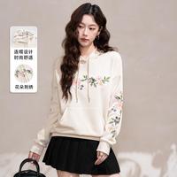 班尼路 精美花朵刺绣连帽加绒卫衣女秋冬保暖舒适时尚休闲气质打底衫