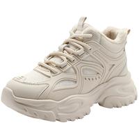 百丽高帮加绒保暖老爹鞋2024女款黑色鞋子厚底运动鞋