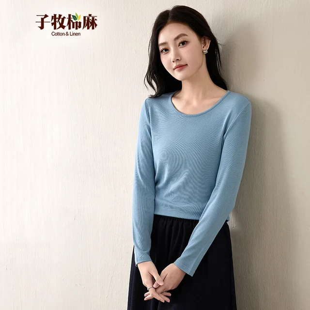 子牧棉麻秋装 女韩版百搭打底衫内搭长袖薄款圆领螺纹T恤上衣8689 冰川蓝大圆领 2XL (140-155斤)