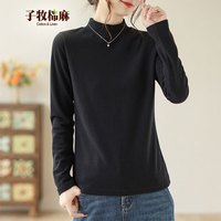 子牧棉麻秋装 女韩版百搭双面磨毛德绒半高领长袖打底衫加厚上衣8688 加厚 黑色半高领德绒款 M(95-110斤)