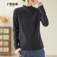 子牧棉麻秋装 女韩版百搭双面磨毛德绒半高领长袖打底衫加厚上衣8688 加厚 灰色半高领德绒款 XL(120-130斤)
