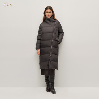 OVV2025秋冬女装立领斜拉链横绗线保暖中长款羽绒服 黑曜岩棕 M