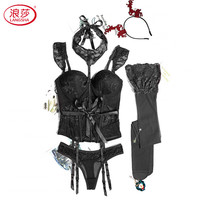 浪莎 性感蕾丝内衣女舒适聚拢有钢圈鱼骨束腰马甲吊袜带胸垫塑身衣套装 黑色(马甲+内裤+丝袜) L