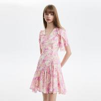 莱茵福莱尔 LIME FLARE 朗姿集团碎花短袖连衣裙v领收腰修身荷叶袖高级别致裙